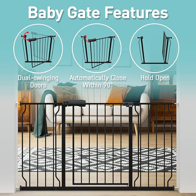 WAOWAO Baby Gate 43.31-48.03" Extra Wide Pressure Mounted Walk Through Swing Auto Close Safety Black Metal Toddler Kids Child Dog Pet Puppy for Stairs,Doorways,Kitchen
