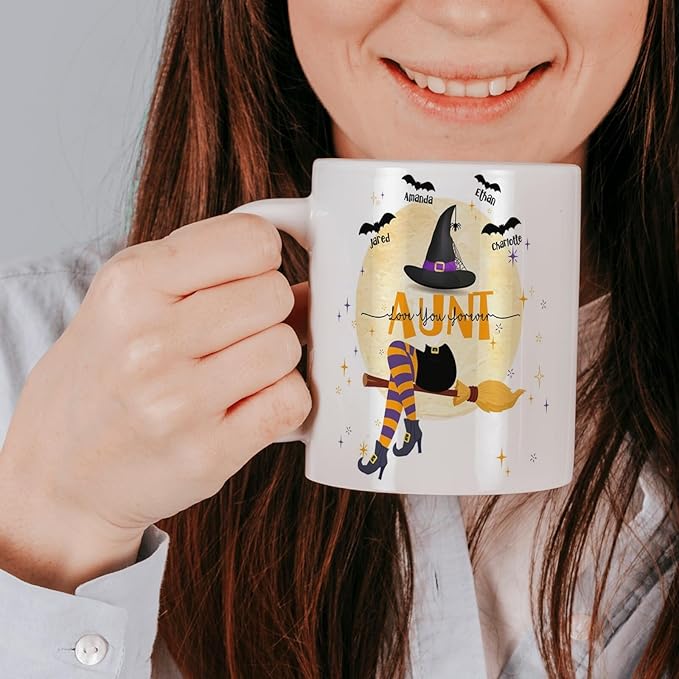 Personalized Witch Mug with Kids Names - Halloween Coffee Cup & Gift for Women - 11 or 15 Oz