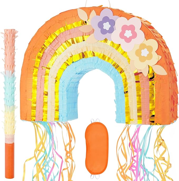 WERNNSAI Rainbow Pinata - Rainbow Pull String Pinata with Bundle with Blindfold and Bat for Girls Kids Piñata Boho Theme Birthday Party Decoration Game for Baby Shower Carnival Summer Party Supplies