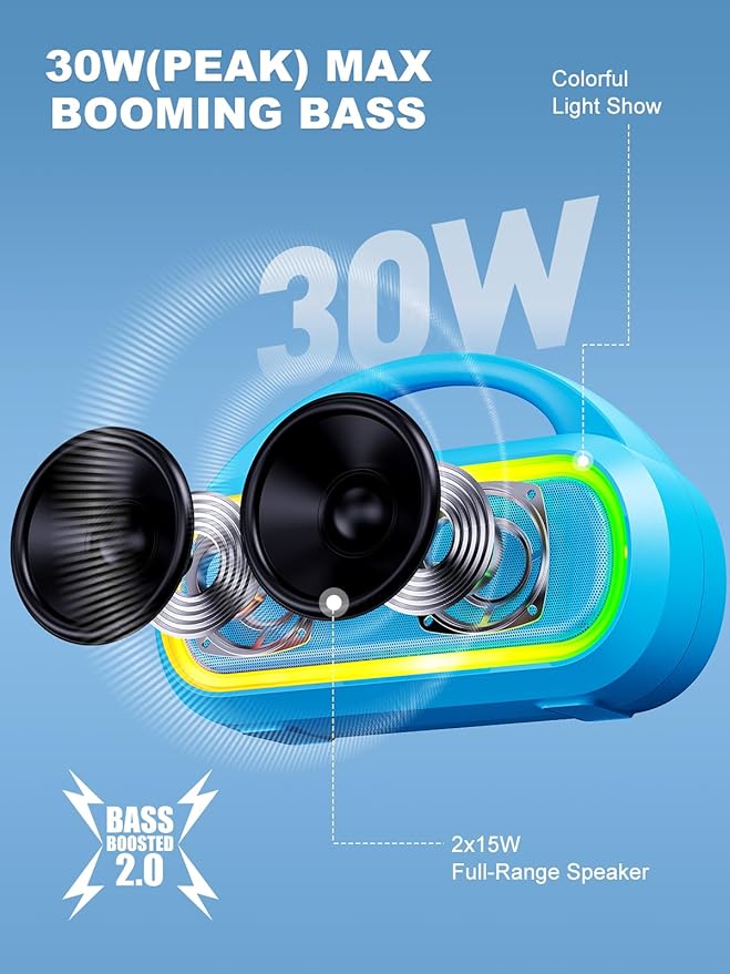 TPone Portable Bluetooth Speaker, 30W (Peak) Wireless Speaker for Outdoor Travel, 100ft Range, Multi-Colors Rhythm Lights, TWS Pairing, BT5.3, for Home/Party/Outdoor/Beach (Sky Blue)