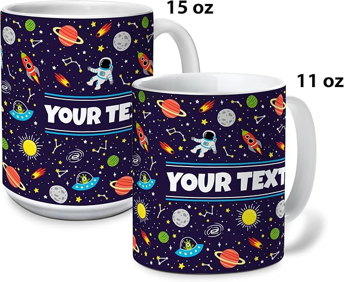 Personalized Mug for Kids - Outer Space - Custom Name/Text, Ceramic Hot Chocolate/Cocoa/Coffee Cup for Boys/Girls, Birthday/Christmas/Holiday Gift - 15 oz, Red Handle