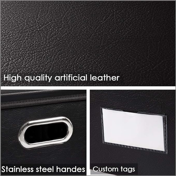 PRANDOM Large Foldable Storage Bins with Lids [3-Pack] Leather Fabric Collapsible Storage Boxes Organizer Containers Baskets Cube with Cover for Home Bedroom Closet Office Black(17.7x11.8x11.8)