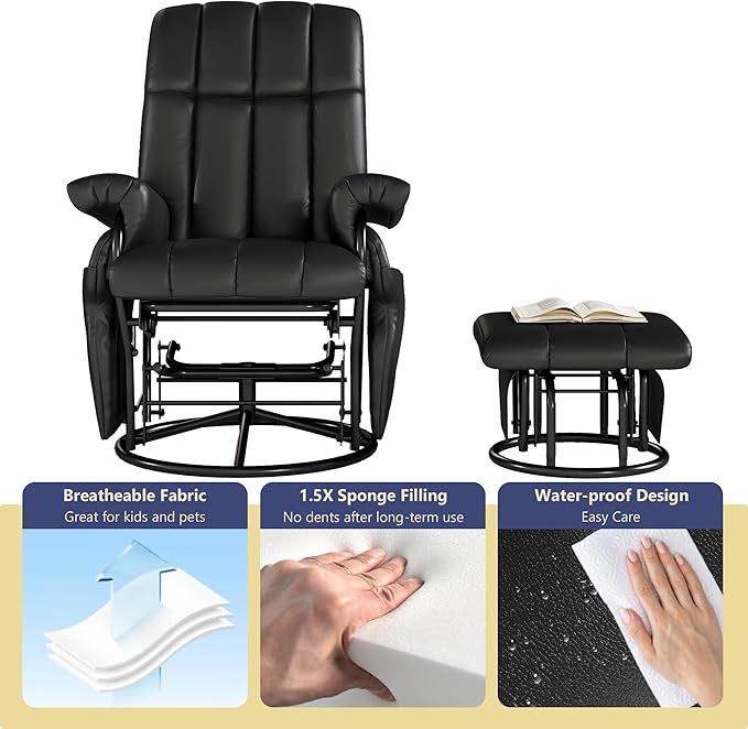 AODAILIHB Swivel Glider Recliner with Ottoman, 360 Rocking Chair with Foot Rest Recliner Chair Indoor Rocking Chair with Side Pockets Nursery Chairs for Living Room, Bedroom, Office (Black)