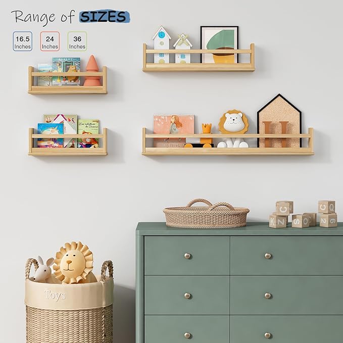 Upgraded Wooden Wall Bookshelf for Kids Books, Large Nursery Floating Shelves for Kids Bedroom, Natural Wood Wall Bookshelves for Teens Toddlers Living Room Decor (36 Inch Long 3-Pack)