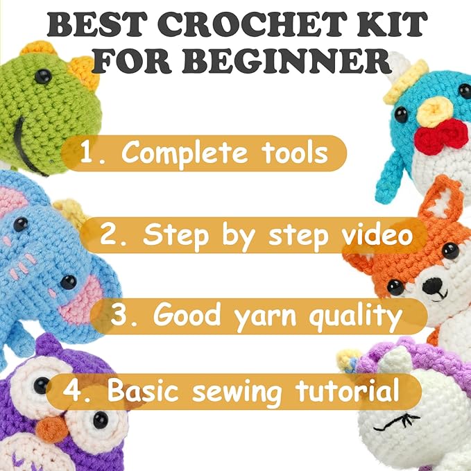 Utook Crochet Kit for Beginners，6 Cute Animals Crochet Kits with Yarn, Crochet Hooks & Accessories | Beginner-Friendly Video Tutorials | Great for Adults & Kids Learning to Crochet