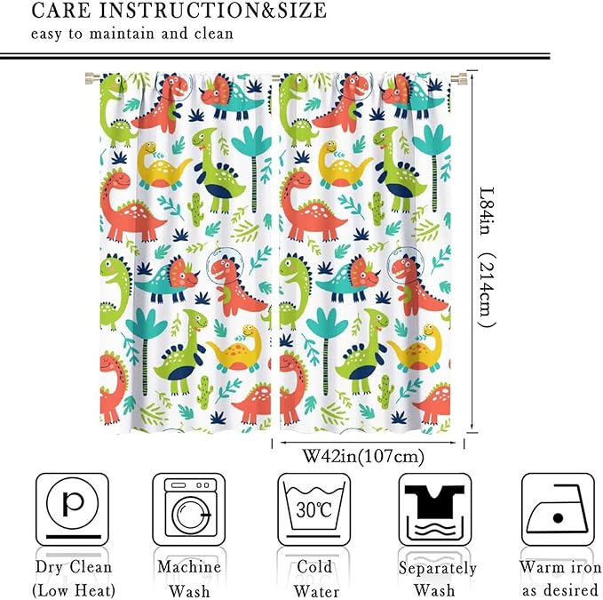 Rustic Dinosaurs Curtains Colorful Dino Kids Boys Cartoon Cute Cool Funny Decor Printed Blackout Rod Pocket Window Drapes for Living Room Bedroom W42xL84in 2 Panels