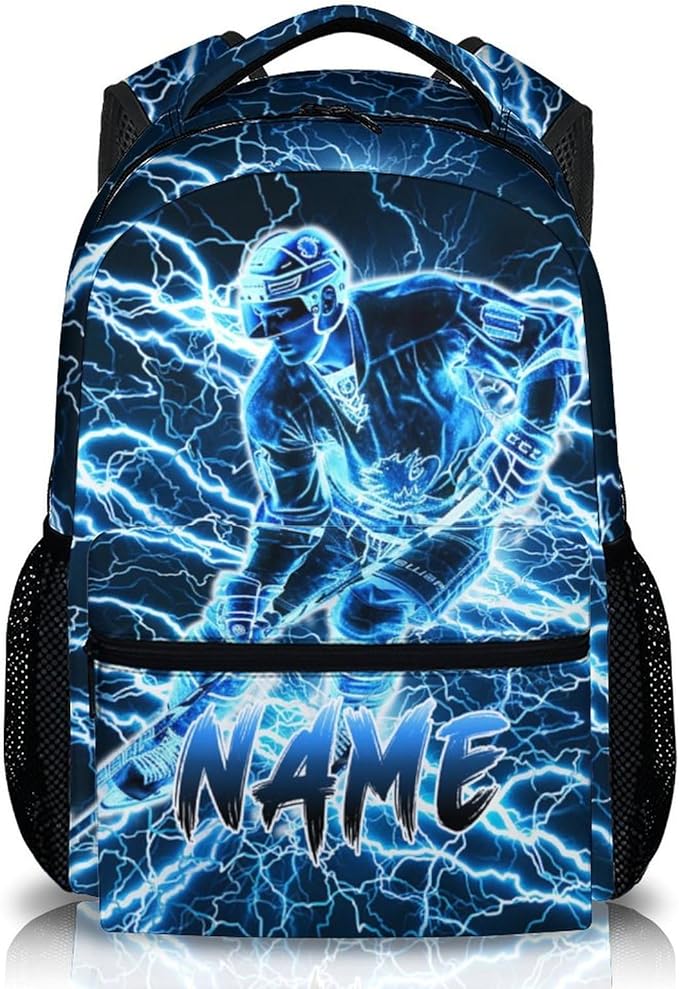 Personalized School Backpack for Kids Boys - 17 Inch Custom Ice Hockey Backpacks with Name for Kids Kindergarten Primary Senior Middle - Cool Durable Lightning Bookbag