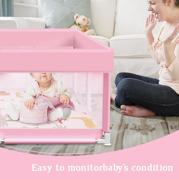 Pink Baby Playpen with Mat, 50x50 Inch Playpen with Mat Waterproof for Babies and Toddlers Play Pen for Girls Pink Playards Safety Gate Fence Active Center Indoor