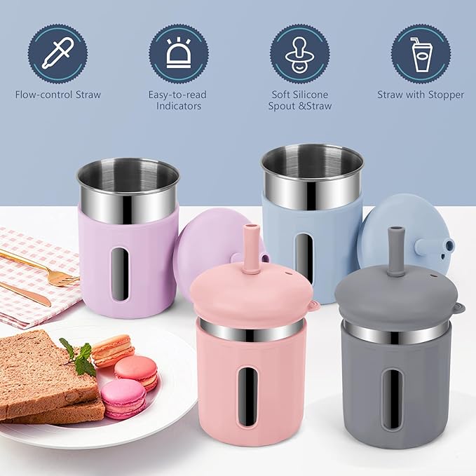 Stainless Steel Kids Cups, 12.51 oz Toddler Tumbler with Straws and Lids, Spill-Proof Baby Smoothie Cups with Silicone Sleeve, Versatile 2-in-1 Drinking Snack Cups for Kids, 4 Colors A