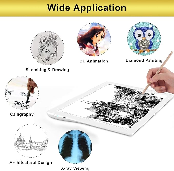 A4 Rechargeable LED Tracing Light Box with Carry Bag, ELICE Wireless Battery Powered Light Pad Artcraft Lightpad Cordless Light Board for Diamond Painting Drawing Sketching Weeding Vinyl (White)