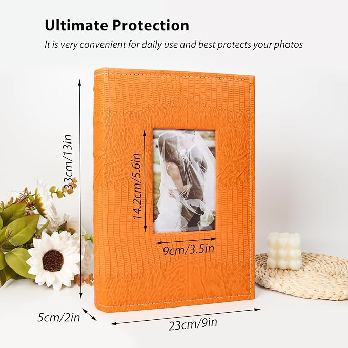 RECUTMS 4x6 Pictures Photo Album Leather Cover Photo Book Holds 300 Photos with Front Window,Photo Book with Writing Space to Share Photos Family Friends (Orange)