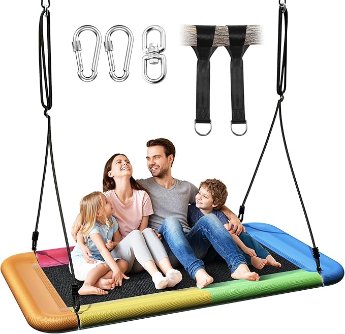 Tree Swing for Kids and Adults, 60" Waterproof Rectangle Platform Swing, 700lbs Heavy Duty with Adjustable Straps, Rainbow