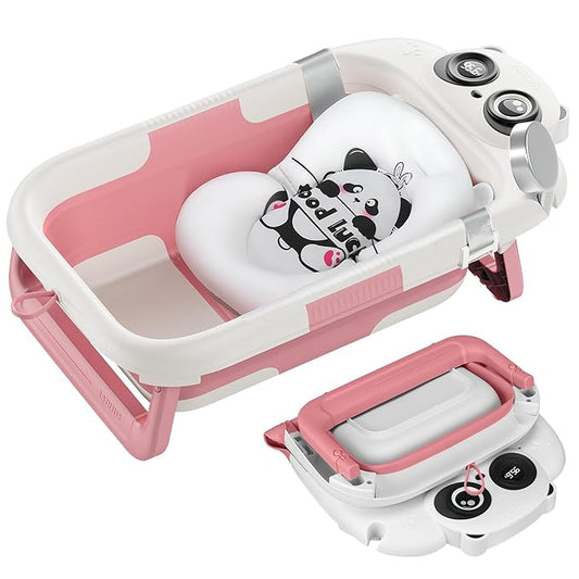 Foldable Baby Bathtub, Lightweight Bathtub for Infants to Toddlers with Soft Cushion & Thermometer, Portable Baby Tub Newborn to Toddler 0-36 Months(Pink)