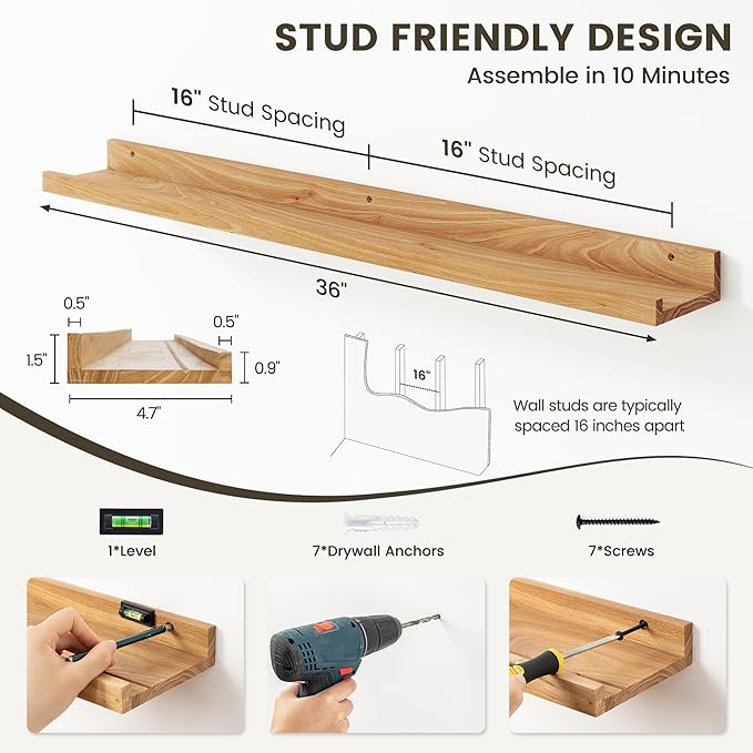 Fun Memories Picture Ledge Shelf, 36 Inch Floating Shelves for Wall, Nursery Bookshelf for Storage, Rustic Elm Wood Photo Ledge Shelves for Bedroom, Living Room, Kitchen (Natural, 36in Set of 2)