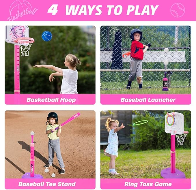 Meland Toddler Basketball Hoop, Pink 4-in-1 Kids Basketball Hoop for Indoor Outdoor Play, Tball Set with Baseball Pop Up Machine, Girls Toys Birthday Gift