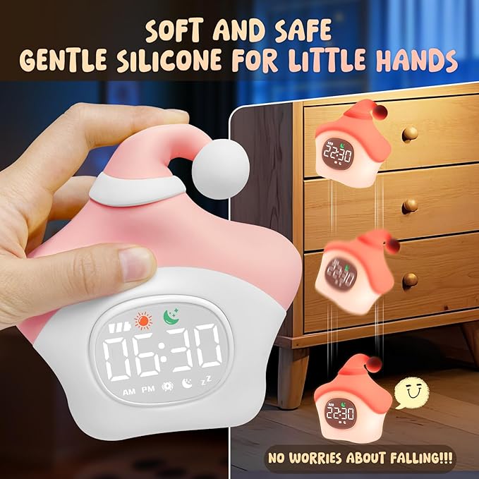 Star Alarm Clock with Night Light for Kids with Sleep Training and Sound Machine, Rechargeable Silicone Lamp OK to Wake Clock，Cute Animal Tabletop Lamp, Perfect Sleep Companion for Boys Girls, Pink