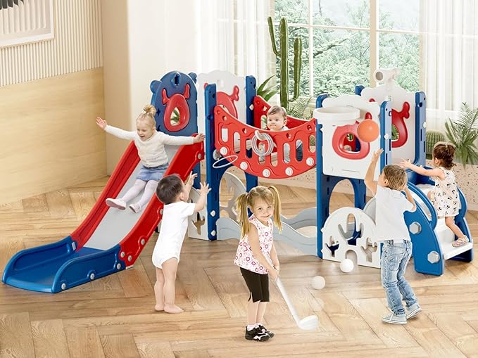 YUFU Toddler Slide Set, 11 in 1 Kids Slide for Toddlers 1-3, Toddler Playset with Climbing Bridge, Golf Set, Basketball Hoop, Indoor Outdoor Playground (Blue Red)