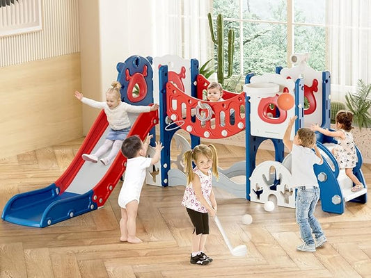 YUFU Toddler Slide Set, 11 in 1 Kids Slide for Toddlers 1-3, Toddler Playset with Climbing Bridge, Golf Set, Basketball Hoop, Indoor Outdoor Playground (Blue Red)