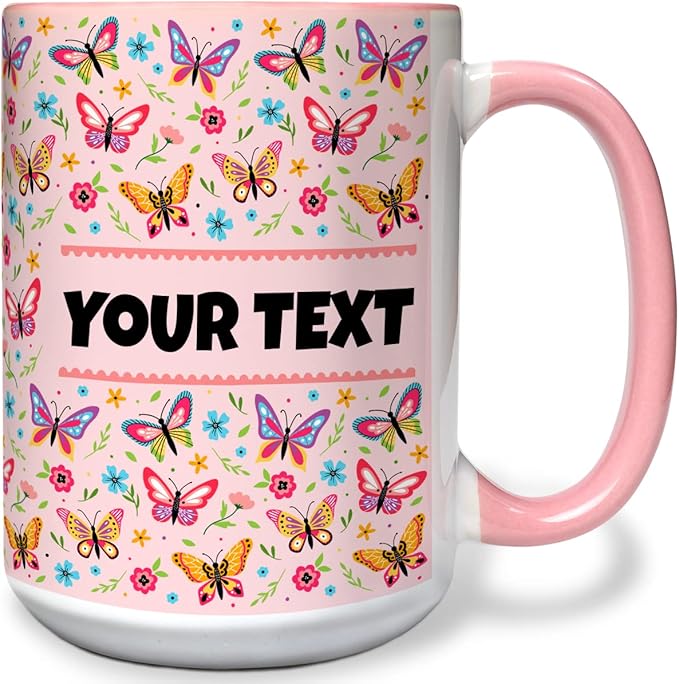 Personalized Mug for Kids - Butterflies - Custom Name/Text, Ceramic Hot Chocolate/Cocoa/Coffee Cup for Girls, Birthday/Christmas/Holiday Gift - 15 oz, Pink Handle
