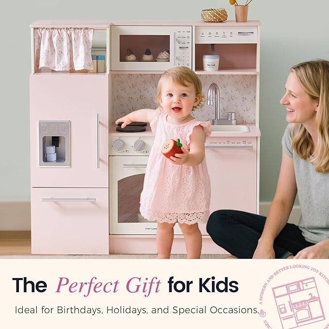 Tiny Land Play Kitchen for Kids, Upgraded Wooden Kitchen Toy with Complete Play Areas, Pretend Cooking Set with Sink, Stove, Microwave, Toy Coffee Station & Storage for Kids Ages 3+