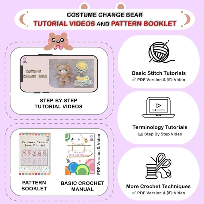 LoopMap Crochet Kit for Beginners - DIY Amigurumi Bear with Removable Dress & Accessories - Step-by-Step Video Tutorials, Extra Yarn, Crochet Tools, Handmade Gift for Kids & Adults (Bear K02, Purple)