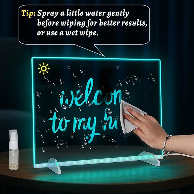 LED Drawing Board with Colors –13.7x9.84 Inch Acrylic Light-Up Message Board, Includes 7 Markers, Adapter, Stand, Hanging Chain, Soft Cloth, Spray Bottle, for Home, Office, Kitchen, and Bedroom