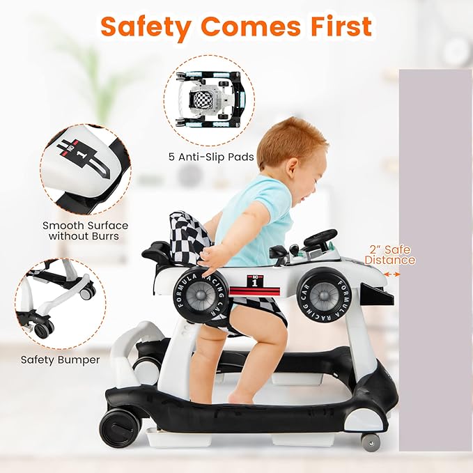 HONEY JOY 4-in-1 Baby Walker, Activity Push Walker w/3 Adjustable Heights, Smooth Wheels w/Adjustable Speed, Padded Seat, Music & Light, Foldable Car Walker for Baby Boys Girls Age 6 Months+ (White)