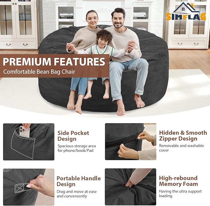 5FT Bean Bag Chair, Large Bean Bag Chairs with Memory Foam Filled, Fluffy Beanbag Sofa with Dutch Velvet Cover, Round BeanBag Chairs for Living Room, Playroom - Grey