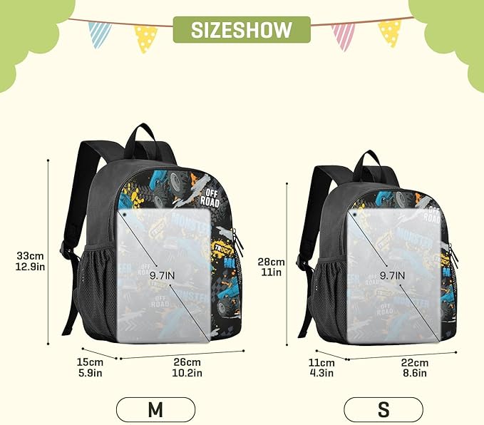 Toddler Monster Truck Waterproof Mini Backpack Boys/Girls Cute Small Kindergarten Pre School Bag (S)