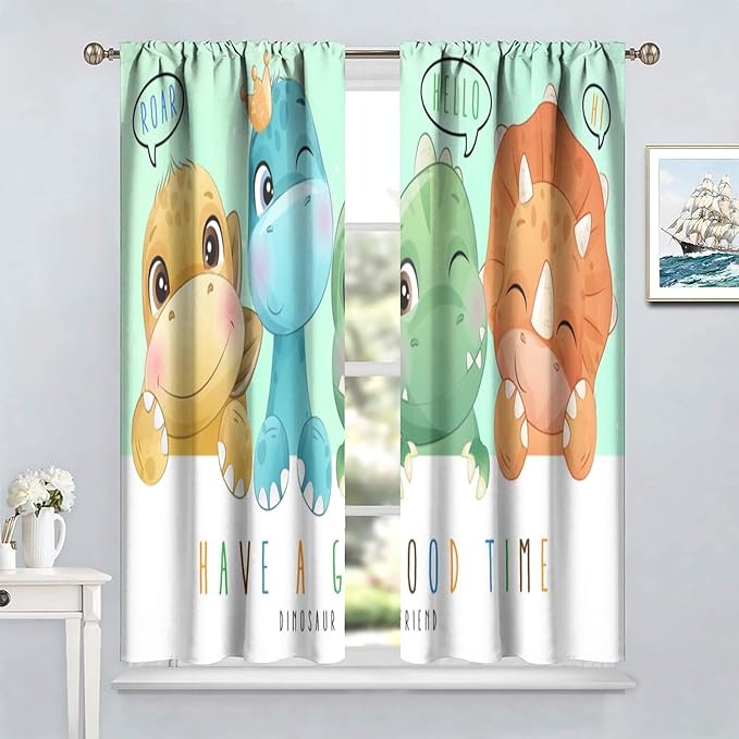 Kids Dinosaur Curtains for Boys Girls Bedroom Decor Cartoon Dino Colorful Cute Funny Animal Printed Blackout Rod Pocket Window Drapes for Baby Nursery Playroom Living Room W36xL63in 2 Panels