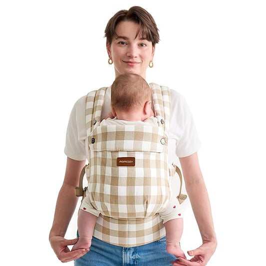 Momcozy Baby Carrier with Natural Cotton Linen, Built to Last, Ergonomic Design, Lightweight and Comfortable, Hands-Free for Moms&Dads, Brown Checkerboard