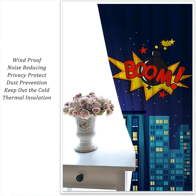 Superhero Rod Pocket Blackout Curtains for Boy Girl Bedroom, Cartoon Skyline Buildings Cityscape Home Energy Efficient Light Filtering Window Curtain for Living Room, 84x84 inch