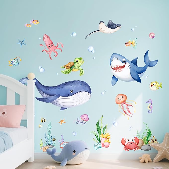 Supzone Under The Sea Wall Decals Ocean Whale Shark Turtle Seaweed Wall Stickers for Kids Toddlers Bedroom Living Room Baby Nursery Wall Decor