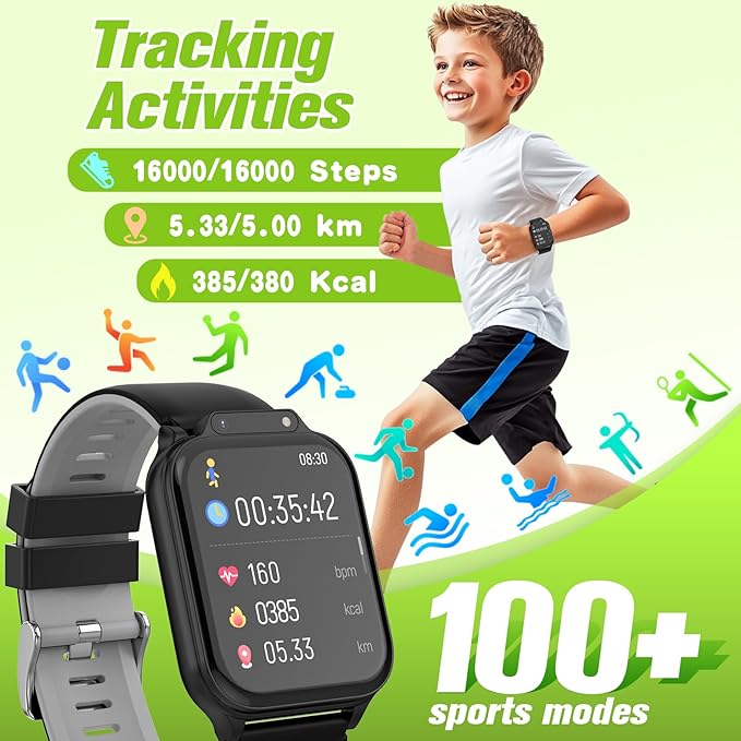 Smart Watch for Kids 1.85" with Fitness Tracker, Sleep Monitor, 22/100+ Sport Modes, DIY Dial, IP68 Waterproof, Step Counter, Heart Rate, Camera, with/Without APP, Gift for 3-12 Years Old Boys Girls