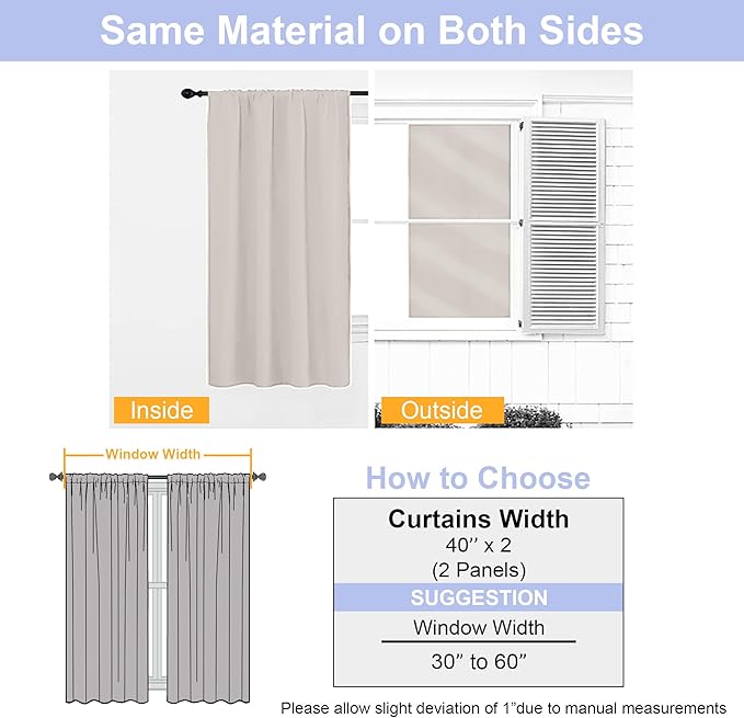 Simplebrand Ava Natural Short Blackout Curtains for Bedroom 45 Inches Long 2 Panels Set, Solid Thermal Insulated, Energy Saving Window Treatment Curtains Blackout Drapes, W40 x L45 Inch, Natural