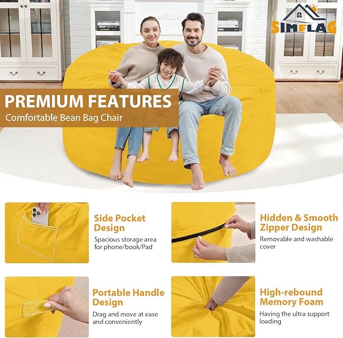 5FT Bean Bag Chair, Large Bean Bag Chairs with Memory Foam Filled, Fluffy Beanbag Sofa with Dutch Velvet Cover, Round BeanBag Chairs for Living Room, Playroom - Lemon