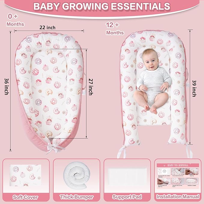 Baby Lounger - Infant Lounger for Newborn 0-24 Months, Breathable & Soft Baby Lounger Cover, Portable Infant Lounger for Home and Travel, Babies Essentials Gifts - Pink