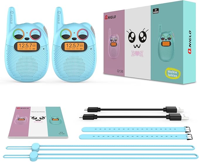 Qniglo Walkie Talkies for Kids Rechargeable 2 Pack,Christmas Birthday Gifts Toys for Age 3-12 Boys Girls, Long Range Kids Walkie-Talkie with FM Radio for Family Adventure Camping Hiking Spy Games