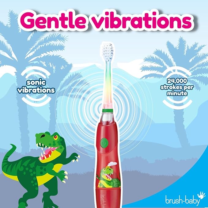 Brush‑Baby - KidzSonic Dinosaur Kids Electric Toothbrush for Ages 3+ with Disco LED Lights, Gentle Sonic Vibrations, 2-Minute Smart Timer & 30‑Second Pulse Reminders – AAA Battery Included