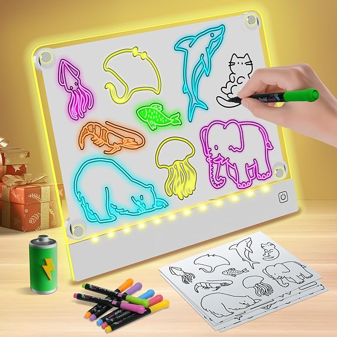 Rechargeable LED Note Board with 7 Colors, Doodle Glow Drawing Lumi Board for Kids with 4 Magnet and Invisible Stand, Light up Acrylic Dry Erase Board with 7 Markers & Tracing Paper (11.8"X9.8")