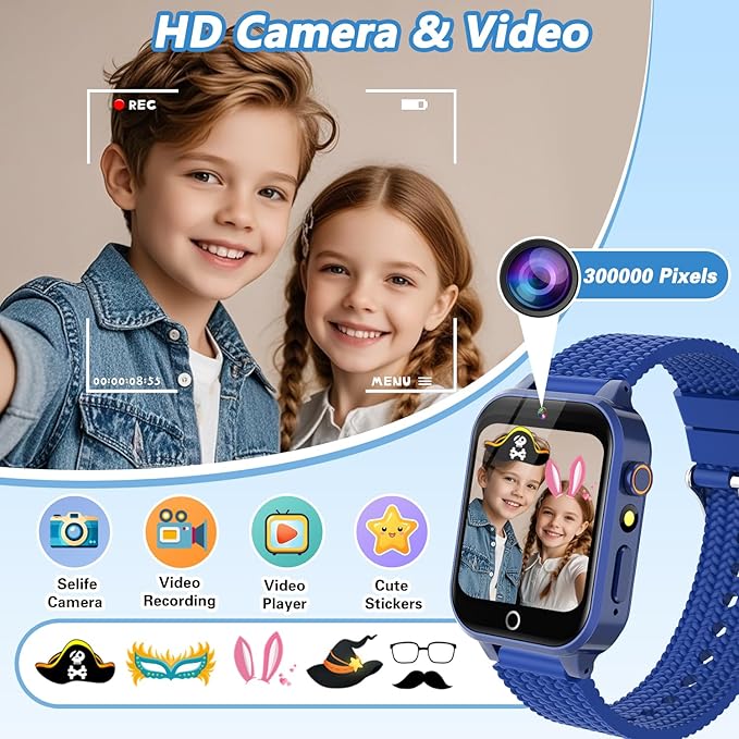 Smart Watch for Kids Boy Gift Ages 3-12, 2 Screen Protector, 26 Puzzle Games, HD Camera Video Music Player Touchscreen Pedometer, Educationtal Toy Brithday Gifts for Boy Ages 4 5 6 7 8 9 10(Blue)