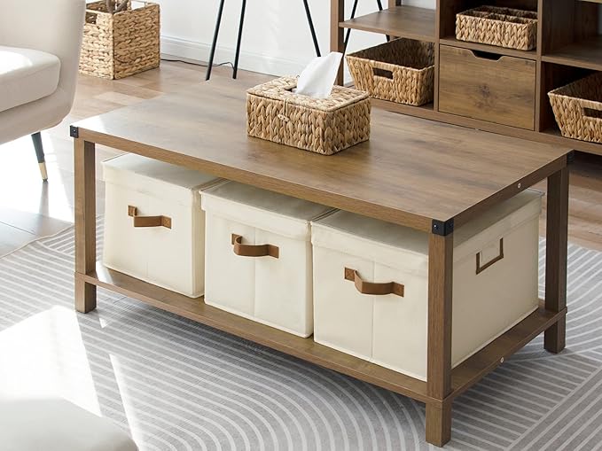 StorageWorks Storage Bins with Lids, Decorative Storage Boxes with Lid and PU Handles, Foldable Storage Baskets for Closet, Shelves, Stackable, Ivory, Jumbo, 3-Pack