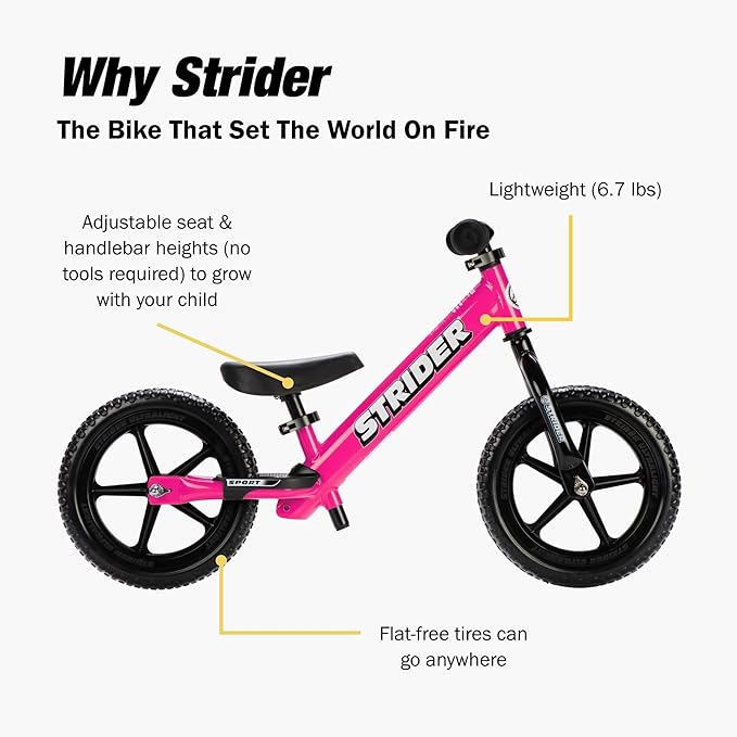 Strider 12” Sport Bike - No Pedal Balance Bicycle for Kids 1 to 4 Years - Includes Safety Pad, Padded Seat, Mini Grips & Flat-Free Tires - Tool-Free Assembly & Adjustments