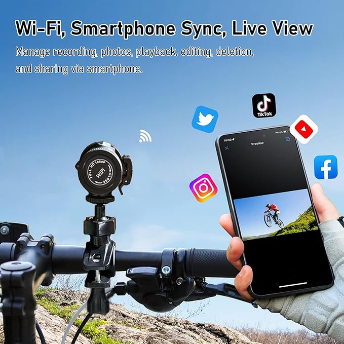 WiFi Helmet Camera, HD 1080P Bike Motorcycle Helmet Camera, IP66 Waterproof Action Camera for Cars, Bicycle, Motorbike & Sports Helmet (with 128G Card)