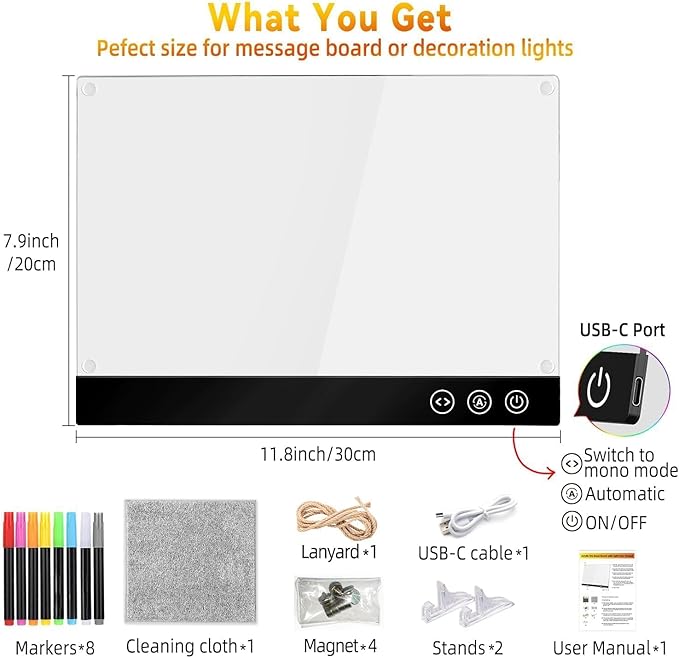 LED Magnetic Note Board with Colors, 11.8"X7.9" 4 Modes & 7 Colors Acrylic Dry Erase Board with Light, Include Hanging Chain, Led Drawing Board for Kids with Stand, Soft Cloth, 8 Markers