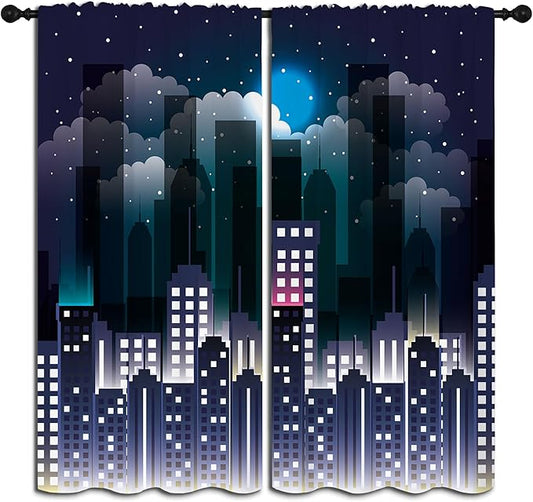 Superhero Rod Pocket Blackout Curtains for Boy Girl Bedroom, Violet Night Sky Buildings Cityscape Thermal Insulated Home Window Drapes for Living Room Darkening, 42x45 inch