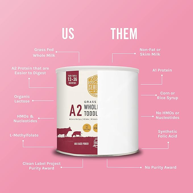 Serenity Kids 12+ Months A2 Whole Milk Toddler Formula Powder - Organic Grass-Fed Toddler Formula with HMO Prebiotics, DHA & ARA - Clean Label Project Purity Award Certified - 12.7 Oz, 1 Pack