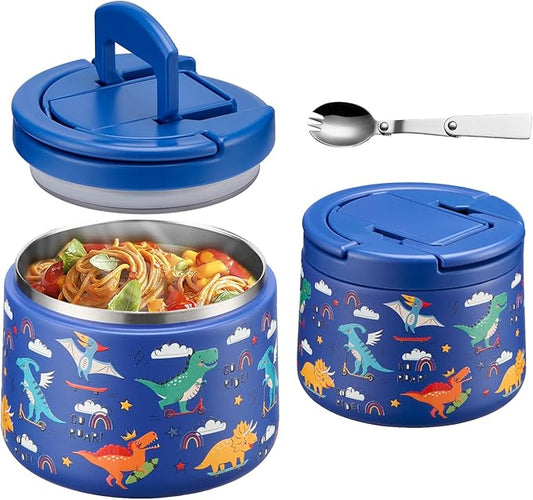 14oz Insulated Vacuum Food Jar with Buckle Lid,Soup Thermo for Hot Food Kids,Wide Mouth Leakproof Stainless Steel Lunch Container with Spoon-Dinosaur