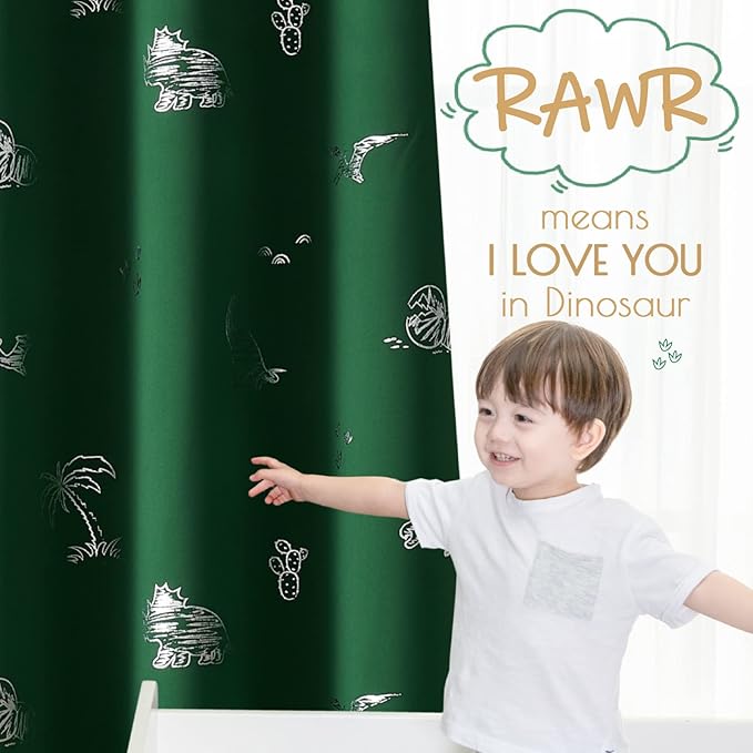Vangao Kids Curtains Green Blackout Dinosaur Curtains for Boys Kids Nursery Girls Room Silver Dino Foil Print Thermal Insulated Drapes Grommet Top Window Treatments 63 Inches Length 2 Panels
