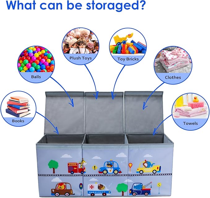 Toy Box Chest for Kids, Collapsible Oxford Toy Storage Box with Handles for Boys, Extra Large Sturdy Waterproof Toy Organiser for Bedroom Playroom, 37.7×12.5×15.7 Inch (Animal Cars)